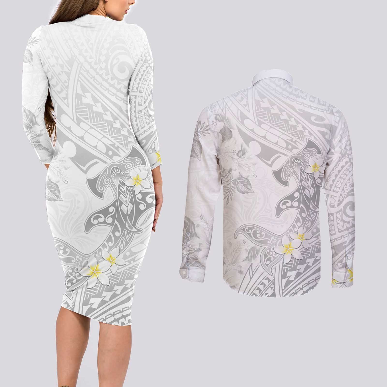 Polynesia Hammerhead Shark Couples Matching Long Sleeve Bodycon Dress and Long Sleeve Button Shirt Tropical Flowers Tribal Pattern White