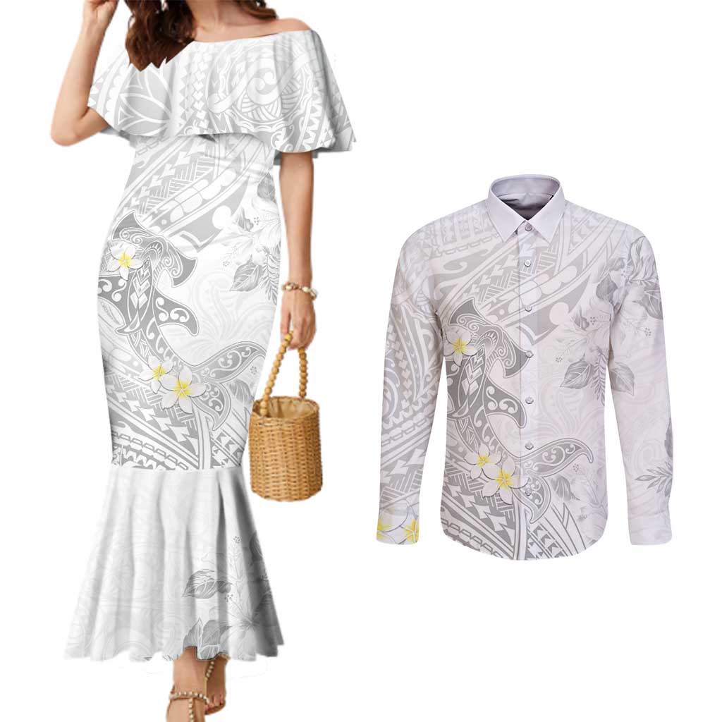 Polynesia Hammerhead Shark Couples Matching Mermaid Dress and Long Sleeve Button Shirt Tropical Flowers Tribal Pattern White