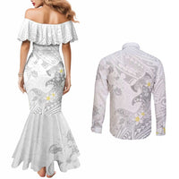 Polynesia Hammerhead Shark Couples Matching Mermaid Dress and Long Sleeve Button Shirt Tropical Flowers Tribal Pattern White