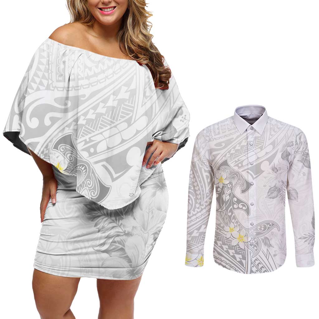 Polynesia Hammerhead Shark Couples Matching Off Shoulder Short Dress and Long Sleeve Button Shirt Tropical Flowers Tribal Pattern White