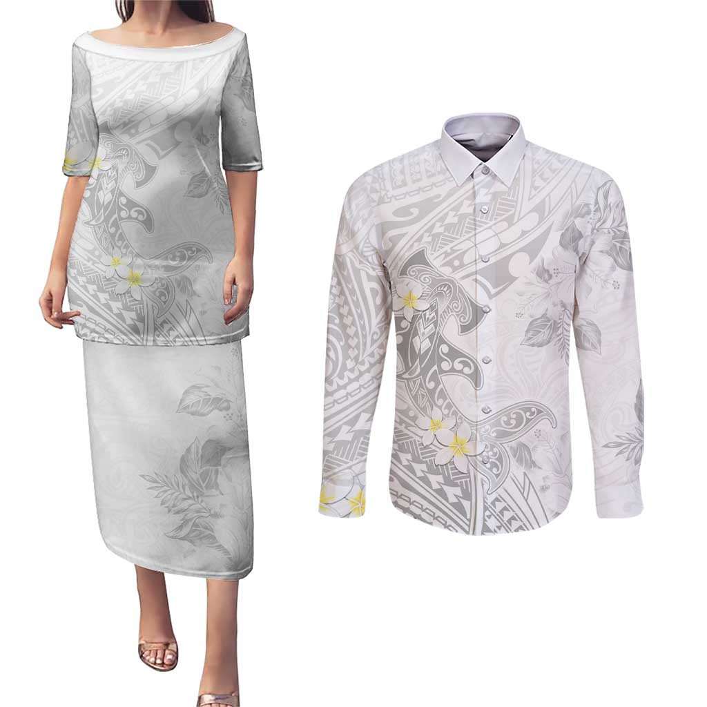 Polynesia Hammerhead Shark Couples Matching Puletasi and Long Sleeve Button Shirt Tropical Flowers Tribal Pattern White