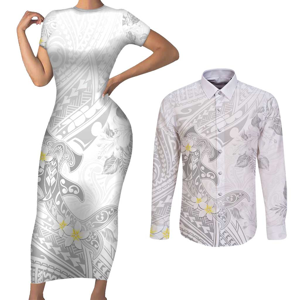 Polynesia Hammerhead Shark Couples Matching Short Sleeve Bodycon Dress and Long Sleeve Button Shirt Tropical Flowers Tribal Pattern White