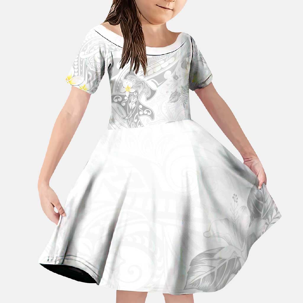 Polynesia Hammerhead Shark Family Matching Mermaid Dress and Hawaiian Shirt Tropical Flowers Tribal Pattern White LT05 Daughter's Dress White - Polynesian Pride