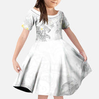 Polynesia Hammerhead Shark Family Matching Off The Shoulder Long Sleeve Dress and Hawaiian Shirt Tropical Flowers Tribal Pattern White LT05 Daughter's Dress White - Polynesian Pride
