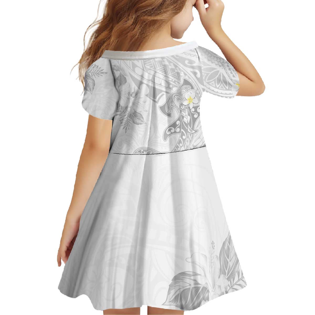 Polynesia Hammerhead Shark Family Matching Off The Shoulder Long Sleeve Dress and Hawaiian Shirt Tropical Flowers Tribal Pattern White LT05 - Polynesian Pride