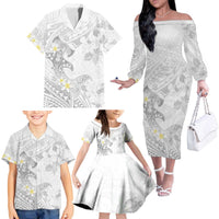Polynesia Hammerhead Shark Family Matching Off The Shoulder Long Sleeve Dress and Hawaiian Shirt Tropical Flowers Tribal Pattern White LT05 - Polynesian Pride