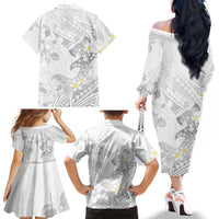 Polynesia Hammerhead Shark Family Matching Off The Shoulder Long Sleeve Dress and Hawaiian Shirt Tropical Flowers Tribal Pattern White LT05 - Polynesian Pride
