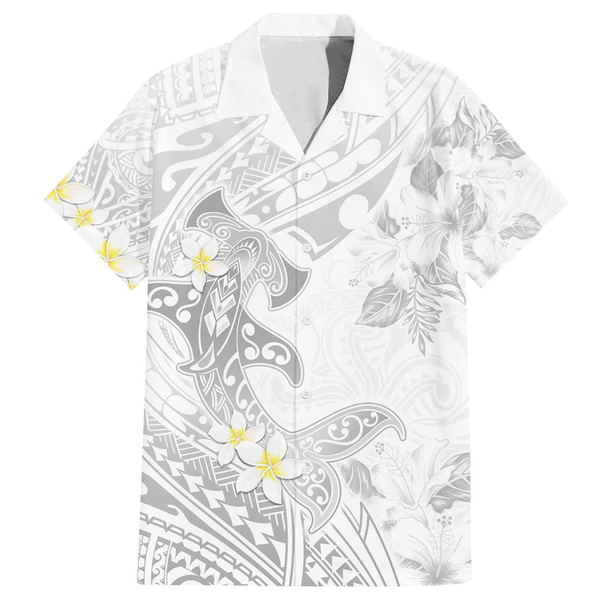 Polynesia Hammerhead Shark Family Matching Off The Shoulder Long Sleeve Dress and Hawaiian Shirt Tropical Flowers Tribal Pattern White LT05 Dad's Shirt - Short Sleeve White - Polynesian Pride