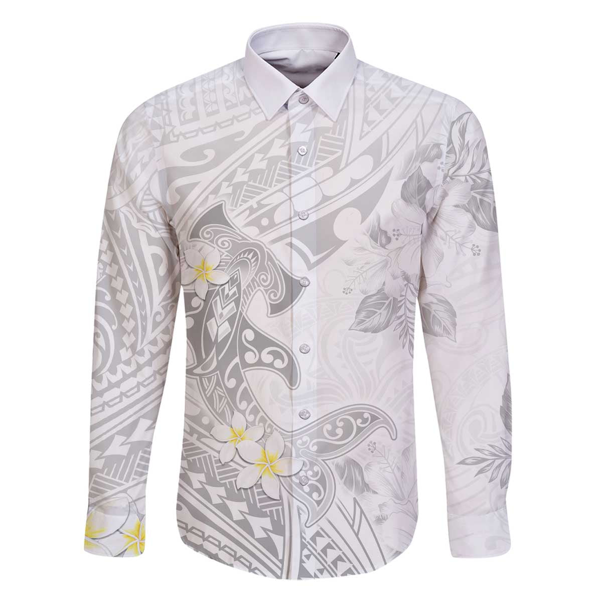 Polynesia Hammerhead Shark Family Matching Off The Shoulder Long Sleeve Dress and Hawaiian Shirt Tropical Flowers Tribal Pattern White LT05 Dad's Shirt - Long Sleeve White - Polynesian Pride