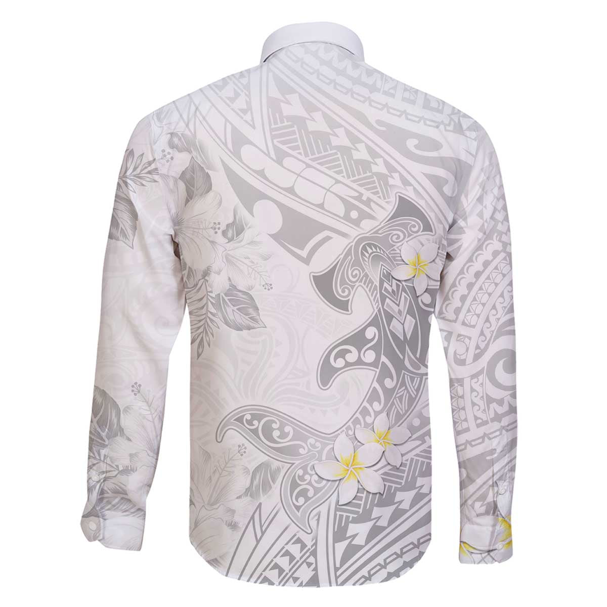 Polynesia Hammerhead Shark Family Matching Off The Shoulder Long Sleeve Dress and Hawaiian Shirt Tropical Flowers Tribal Pattern White LT05 - Polynesian Pride