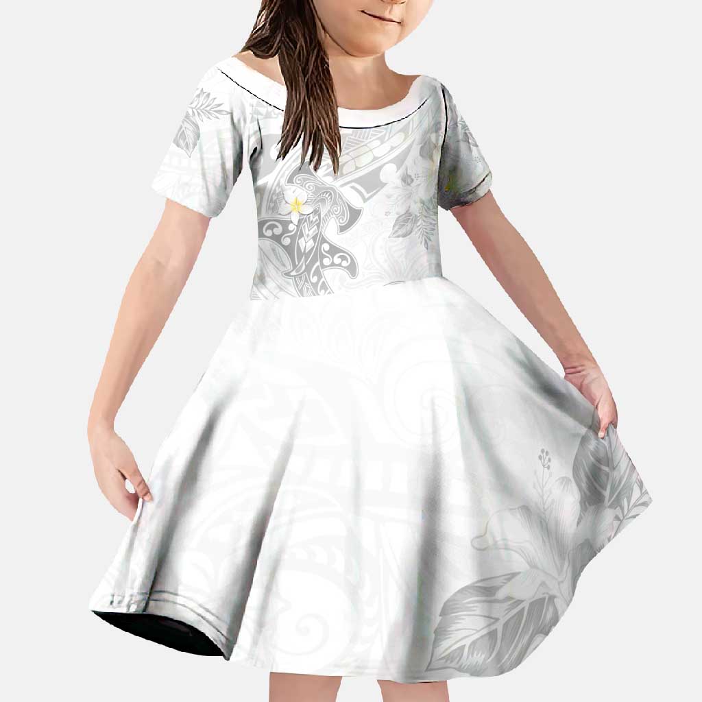 Polynesia Hammerhead Shark Family Matching Off Shoulder Maxi Dress and Hawaiian Shirt Tropical Flowers Tribal Pattern White LT05 Daughter's Dress White - Polynesian Pride