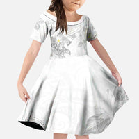 Polynesia Hammerhead Shark Family Matching Off Shoulder Maxi Dress and Hawaiian Shirt Tropical Flowers Tribal Pattern White LT05 Daughter's Dress White - Polynesian Pride