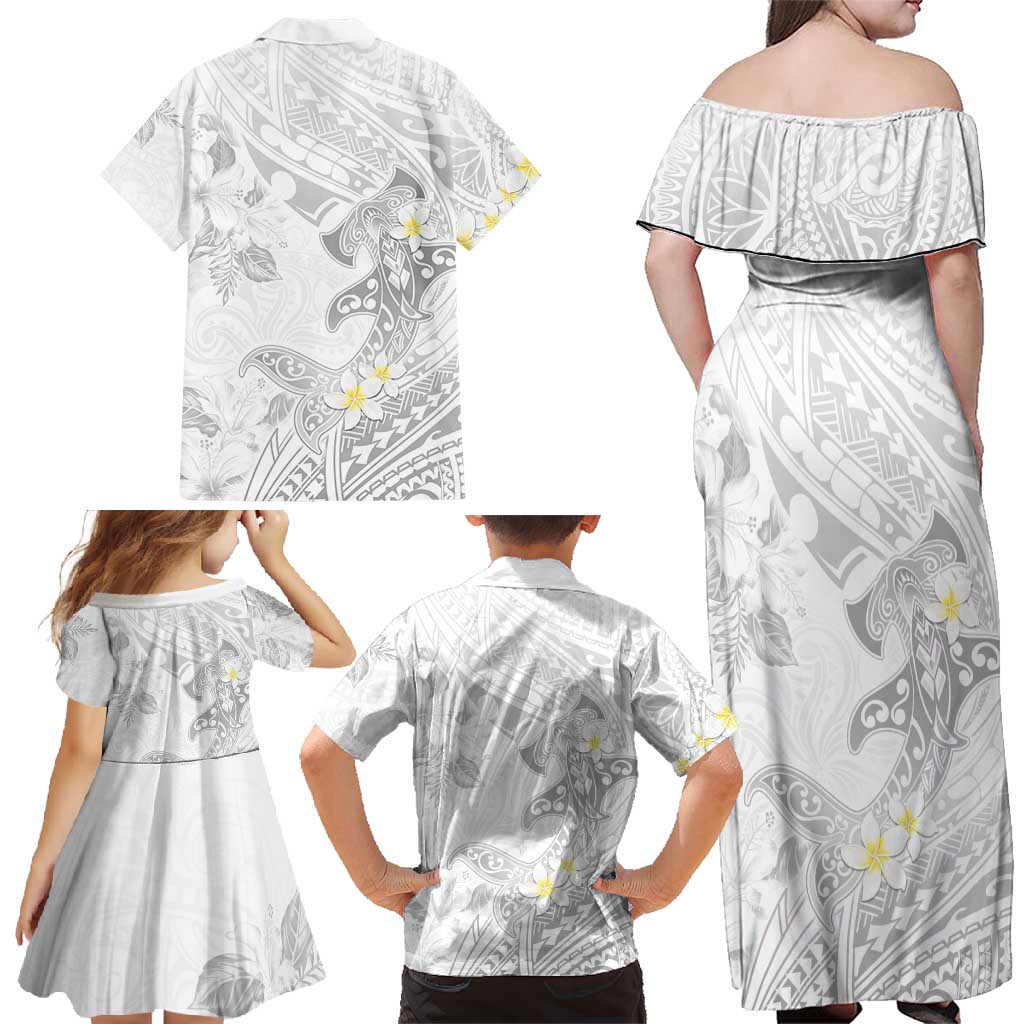 Polynesia Hammerhead Shark Family Matching Off Shoulder Maxi Dress and Hawaiian Shirt Tropical Flowers Tribal Pattern White LT05 - Polynesian Pride