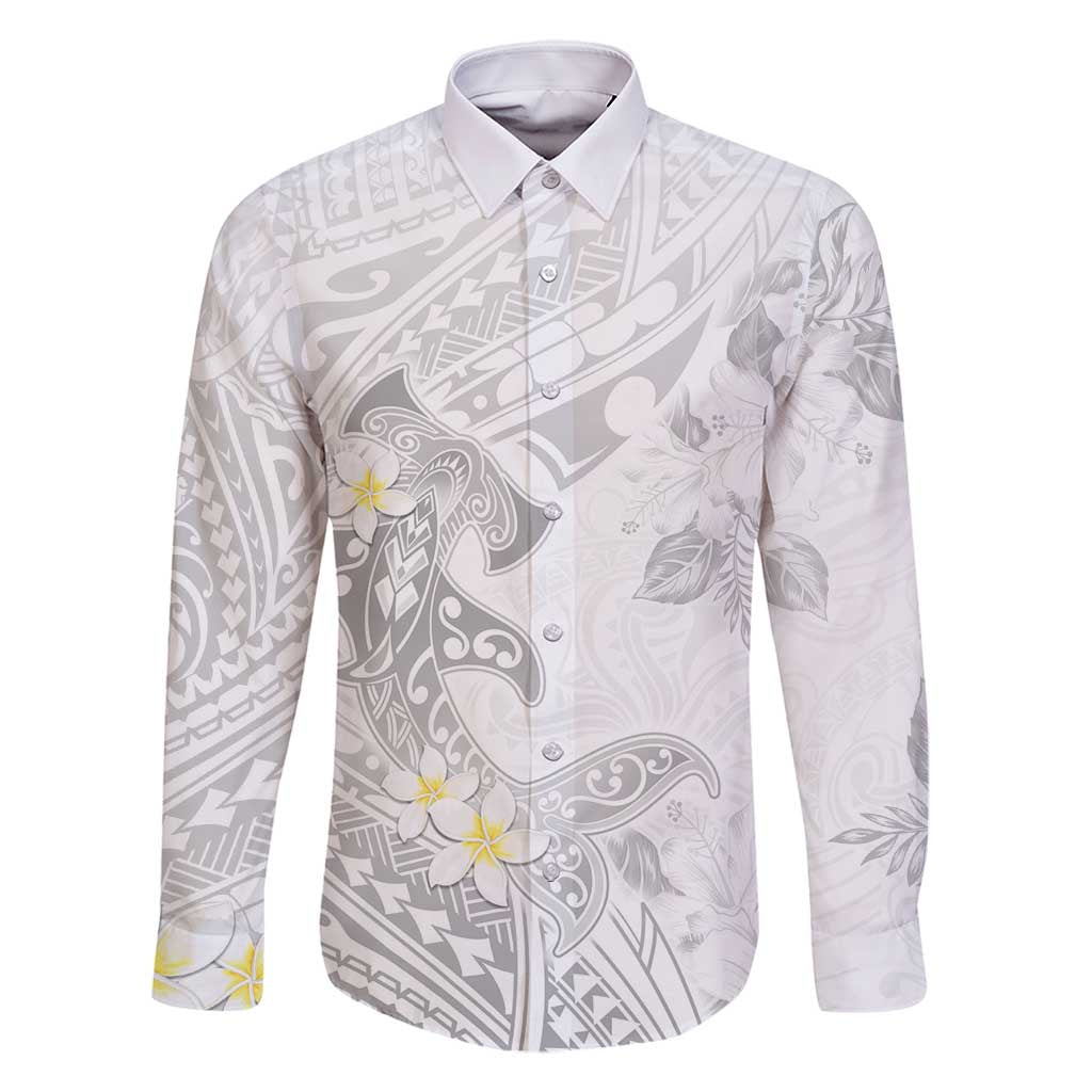 Polynesia Hammerhead Shark Family Matching Off Shoulder Maxi Dress and Hawaiian Shirt Tropical Flowers Tribal Pattern White LT05 Dad's Shirt - Long Sleeve White - Polynesian Pride