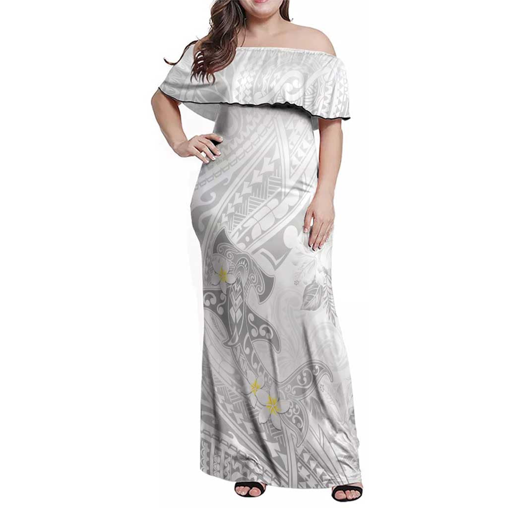 Polynesia Hammerhead Shark Family Matching Off Shoulder Maxi Dress and Hawaiian Shirt Tropical Flowers Tribal Pattern White LT05 Mom's Dress White - Polynesian Pride