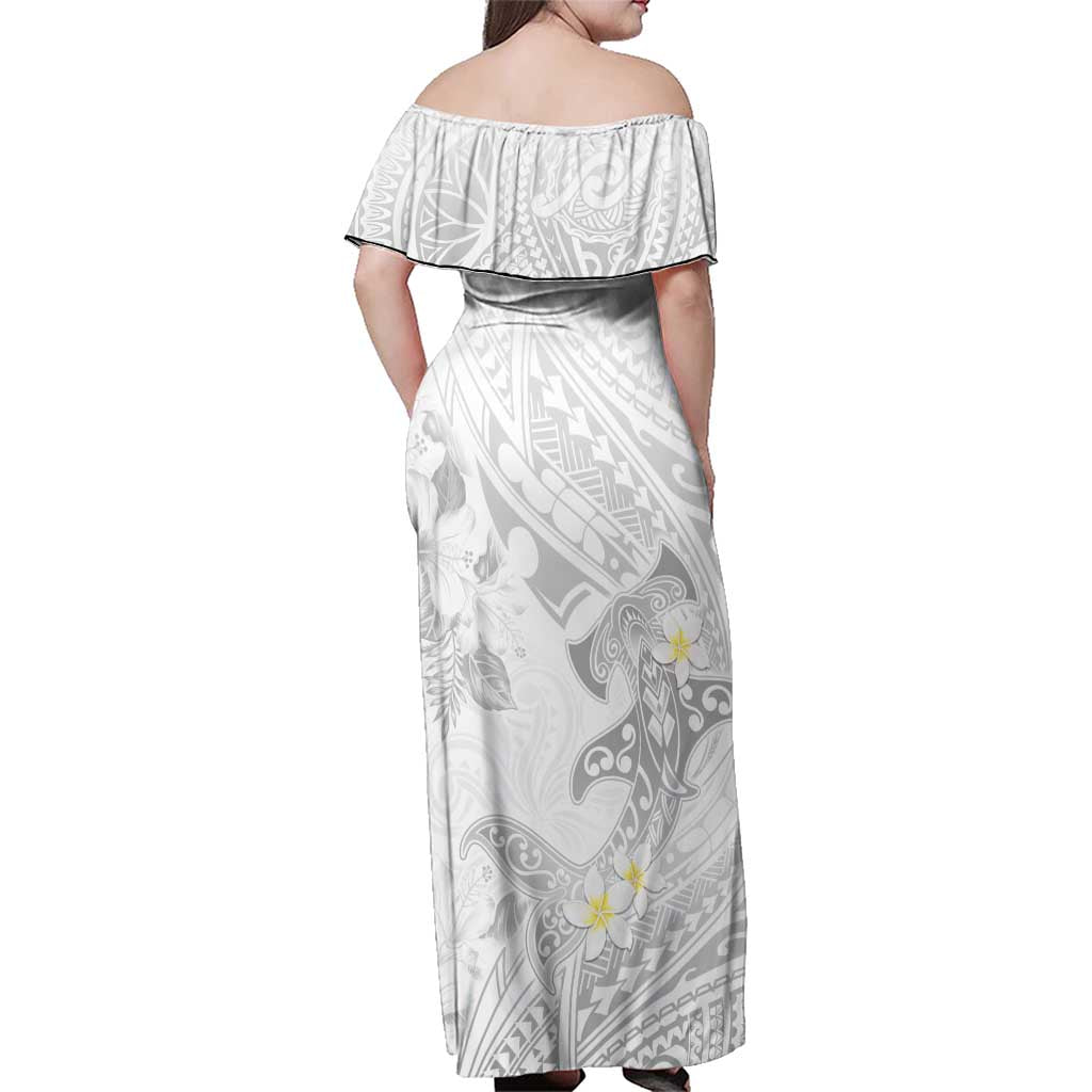 Polynesia Hammerhead Shark Family Matching Off Shoulder Maxi Dress and Hawaiian Shirt Tropical Flowers Tribal Pattern White LT05 - Polynesian Pride