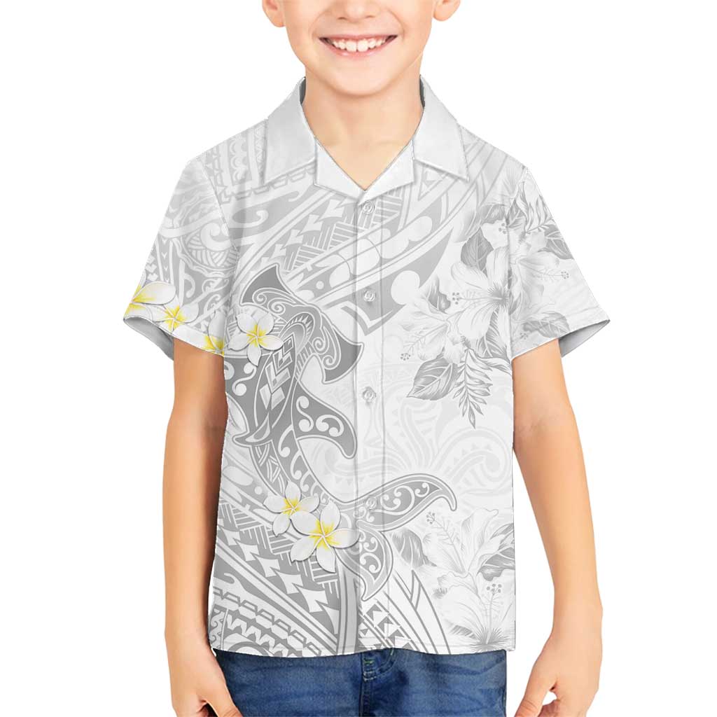 Polynesia Hammerhead Shark Family Matching Off Shoulder Maxi Dress and Hawaiian Shirt Tropical Flowers Tribal Pattern White LT05 Son's Shirt White - Polynesian Pride