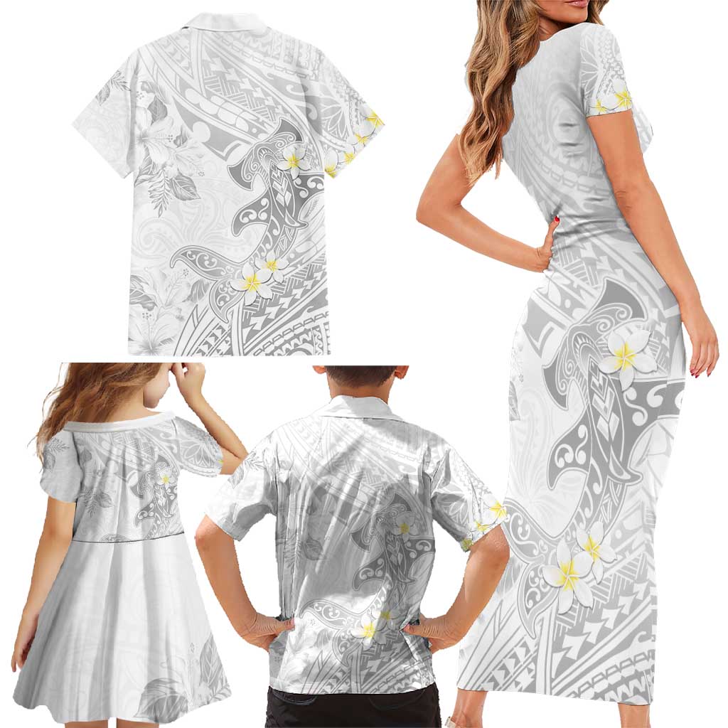 Polynesia Hammerhead Shark Family Matching Short Sleeve Bodycon Dress and Hawaiian Shirt Tropical Flowers Tribal Pattern White