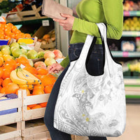 Polynesia Hammerhead Shark Grocery Bag Tropical Flowers Tribal Pattern White