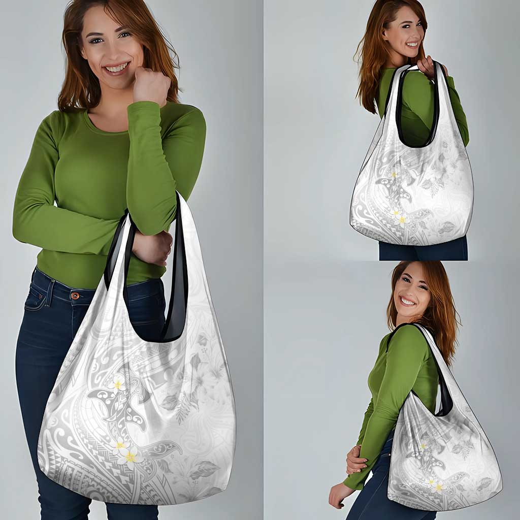 Polynesia Hammerhead Shark Grocery Bag Tropical Flowers Tribal Pattern White
