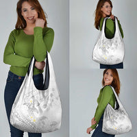 Polynesia Hammerhead Shark Grocery Bag Tropical Flowers Tribal Pattern White