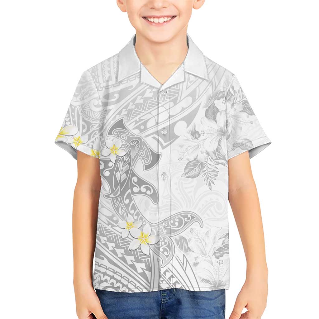 Polynesia Hammerhead Shark Kid Hawaiian Shirt Tropical Flowers Tribal Pattern White LT05 Kid White - Polynesian Pride