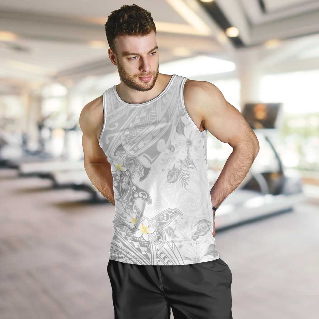 Polynesia Hammerhead Shark Men Tank Top Tropical Flowers Tribal Pattern White LT05 White - Polynesian Pride