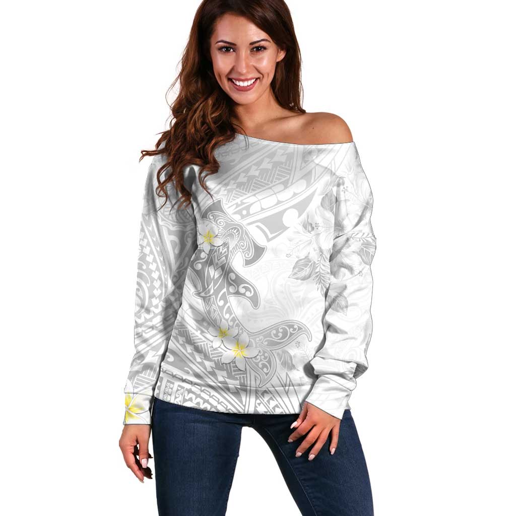Polynesia Hammerhead Shark Off Shoulder Sweater Tropical Flowers Tribal Pattern White LT05 Women White - Polynesian Pride