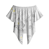 Polynesia Hammerhead Shark Off Shoulder Wrap Waist Top Tropical Flowers Tribal Pattern White LT05 White - Polynesian Pride
