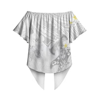 Polynesia Hammerhead Shark Off Shoulder Wrap Waist Top Tropical Flowers Tribal Pattern White LT05 - Polynesian Pride