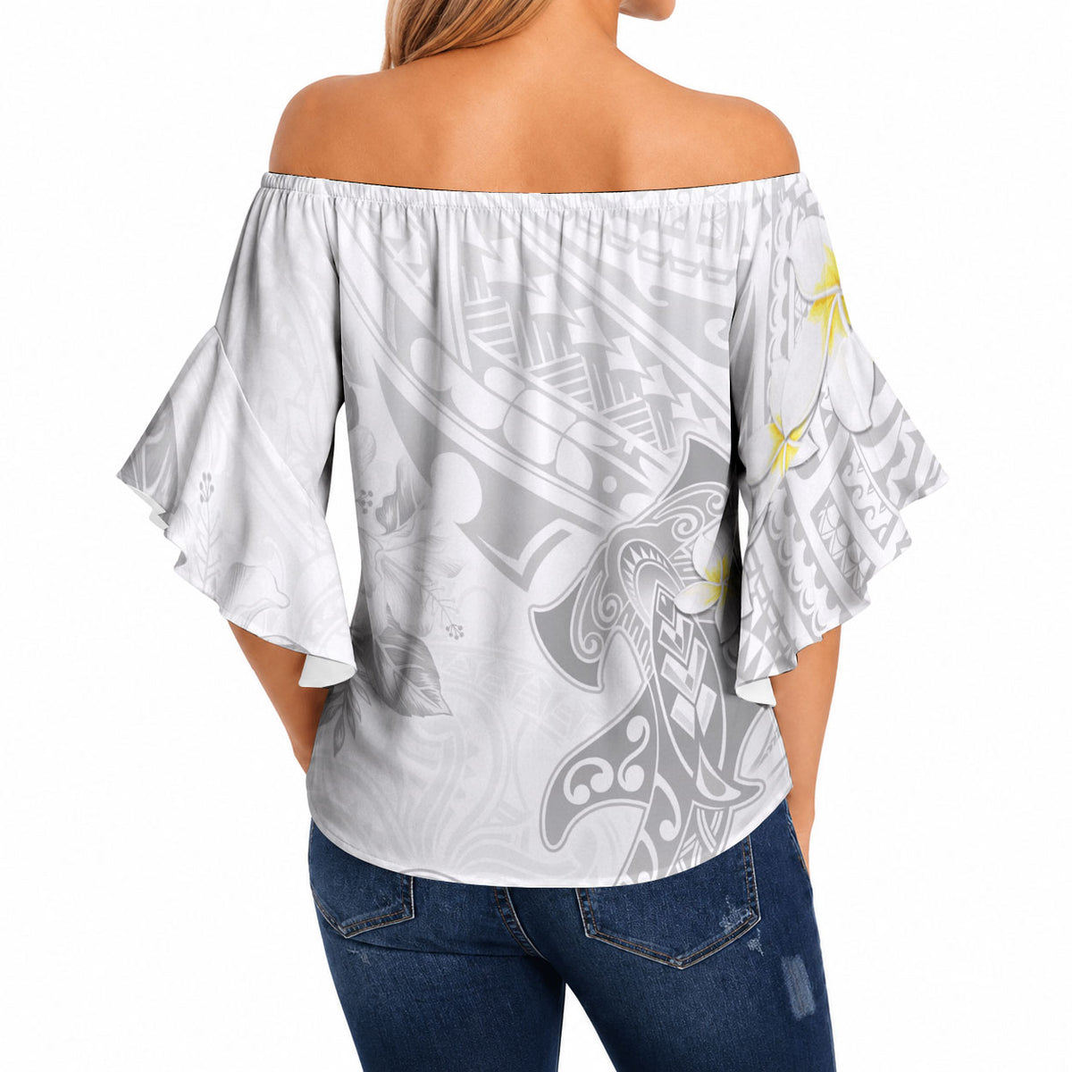 Polynesia Hammerhead Shark Off Shoulder Wrap Waist Top Tropical Flowers Tribal Pattern White LT05 - Polynesian Pride
