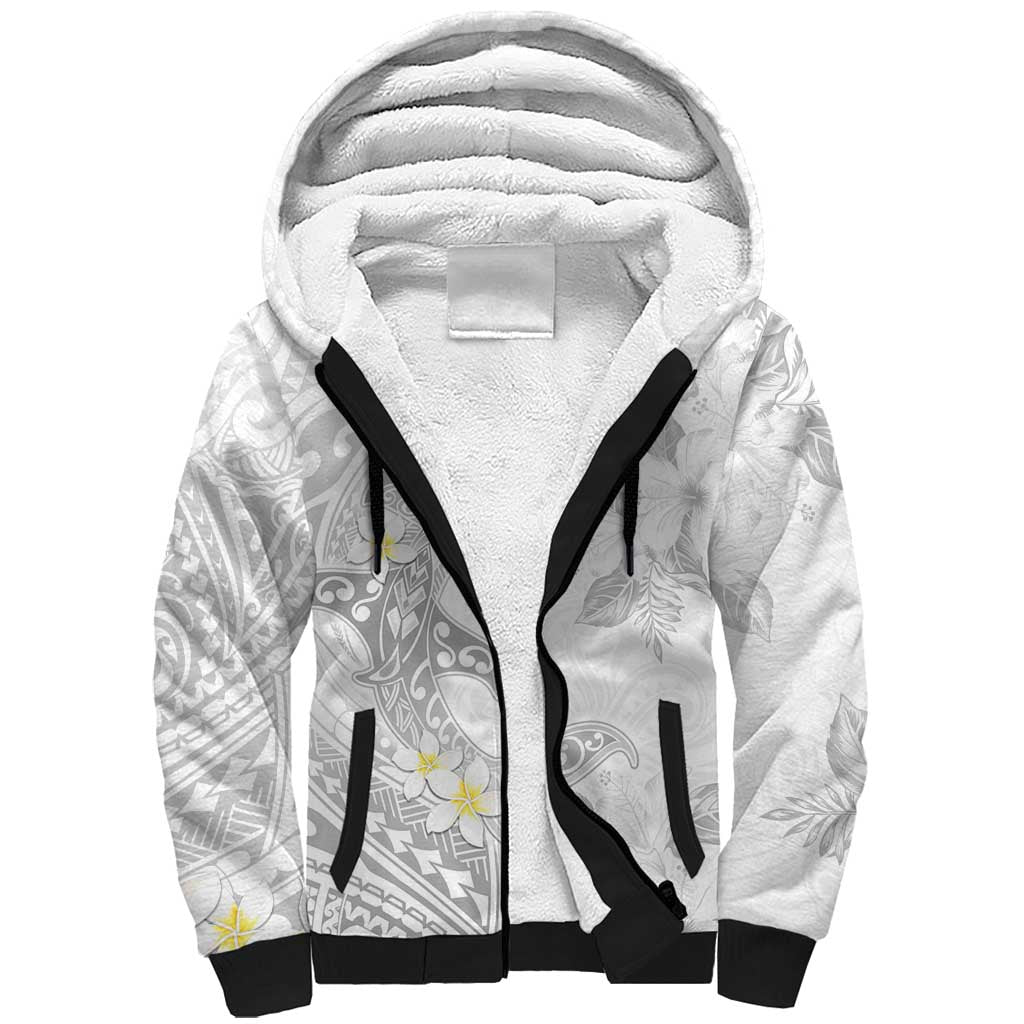 Polynesia Hammerhead Shark Sherpa Hoodie Tropical Flowers Tribal Pattern White LT05 Unisex White - Polynesian Pride