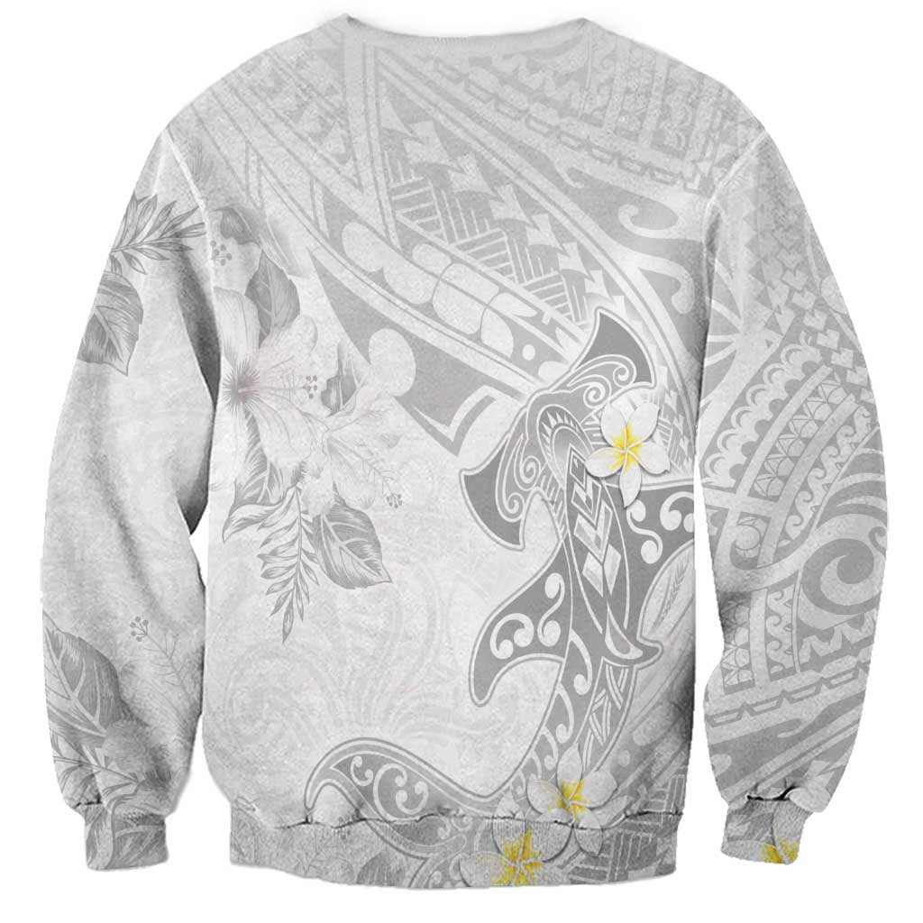 Polynesia Hammerhead Shark Sweatshirt Tropical Flowers Tribal Pattern White