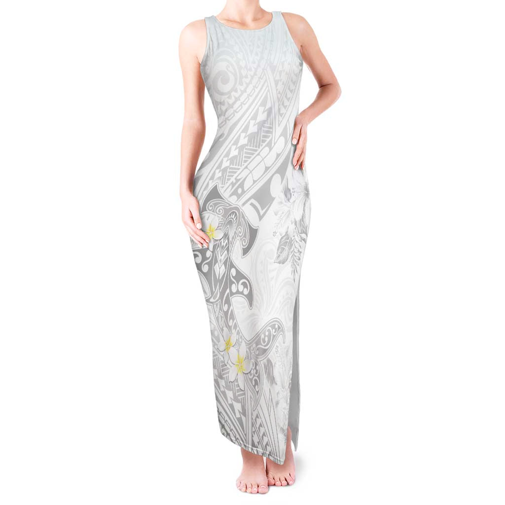 Polynesia Hammerhead Shark Tank Maxi Dress Tropical Flowers Tribal Pattern White