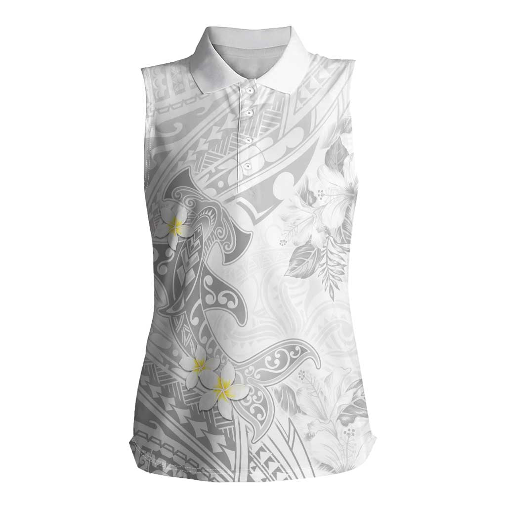 Polynesia Hammerhead Shark Women Sleeveless Polo Shirt Tropical Flowers Tribal Pattern White LT05 Female White - Polynesian Pride