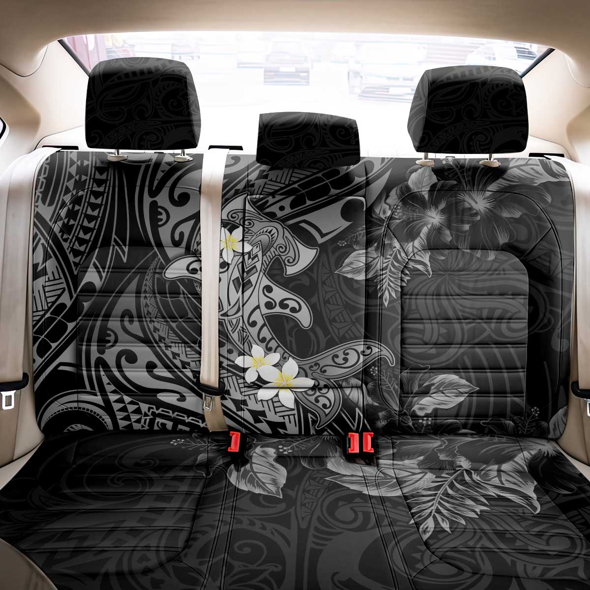 Polynesia Hammerhead Shark Back Car Seat Cover Tropical Flowers Tribal Pattern Black