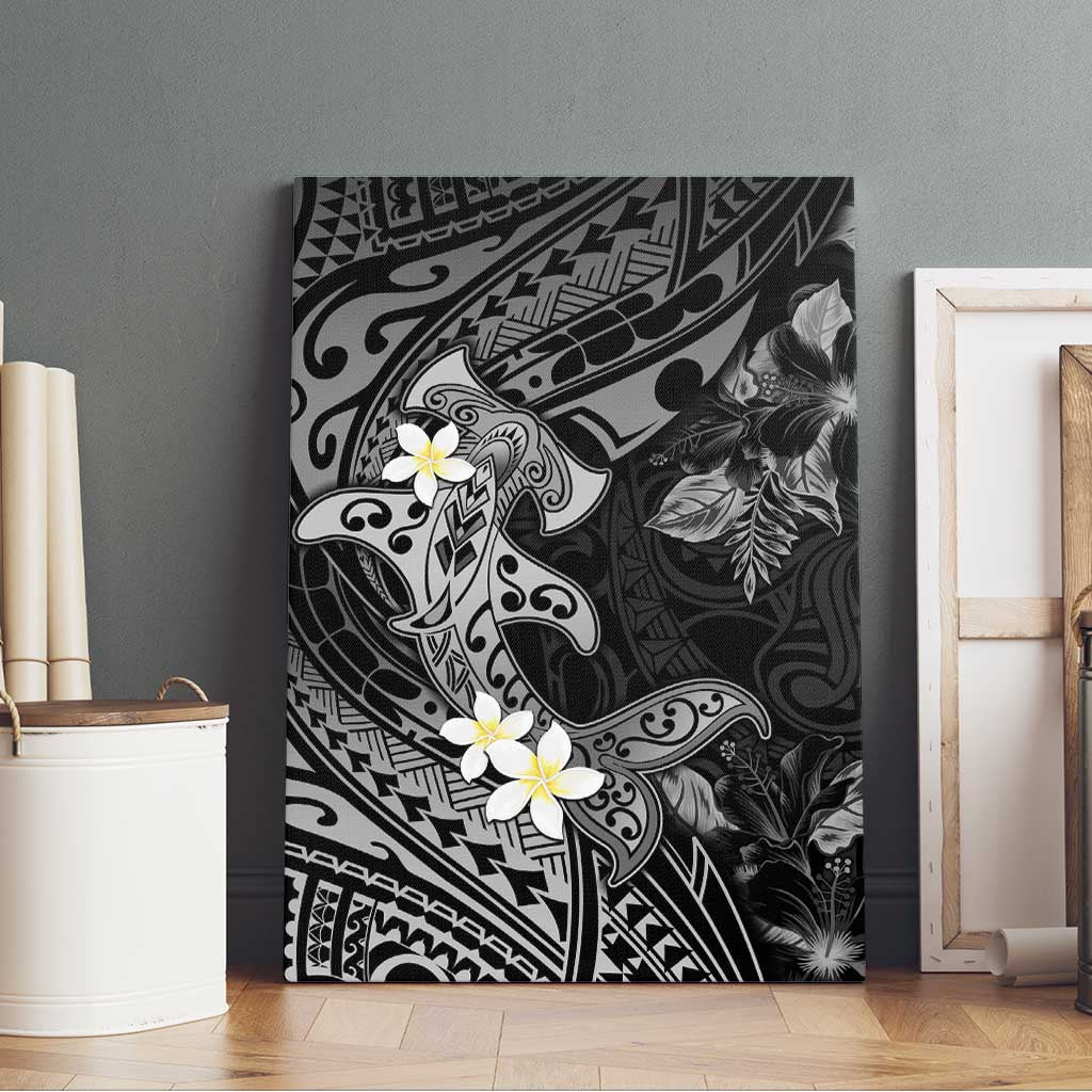 Polynesia Hammerhead Shark Canvas Wall Art Tropical Flowers Tribal Pattern Black