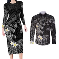 Polynesia Hammerhead Shark Couples Matching Long Sleeve Bodycon Dress and Long Sleeve Button Shirt Tropical Flowers Tribal Pattern Black