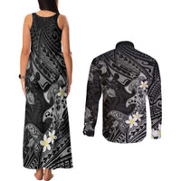 Polynesia Hammerhead Shark Couples Matching Tank Maxi Dress and Long Sleeve Button Shirt Tropical Flowers Tribal Pattern Black