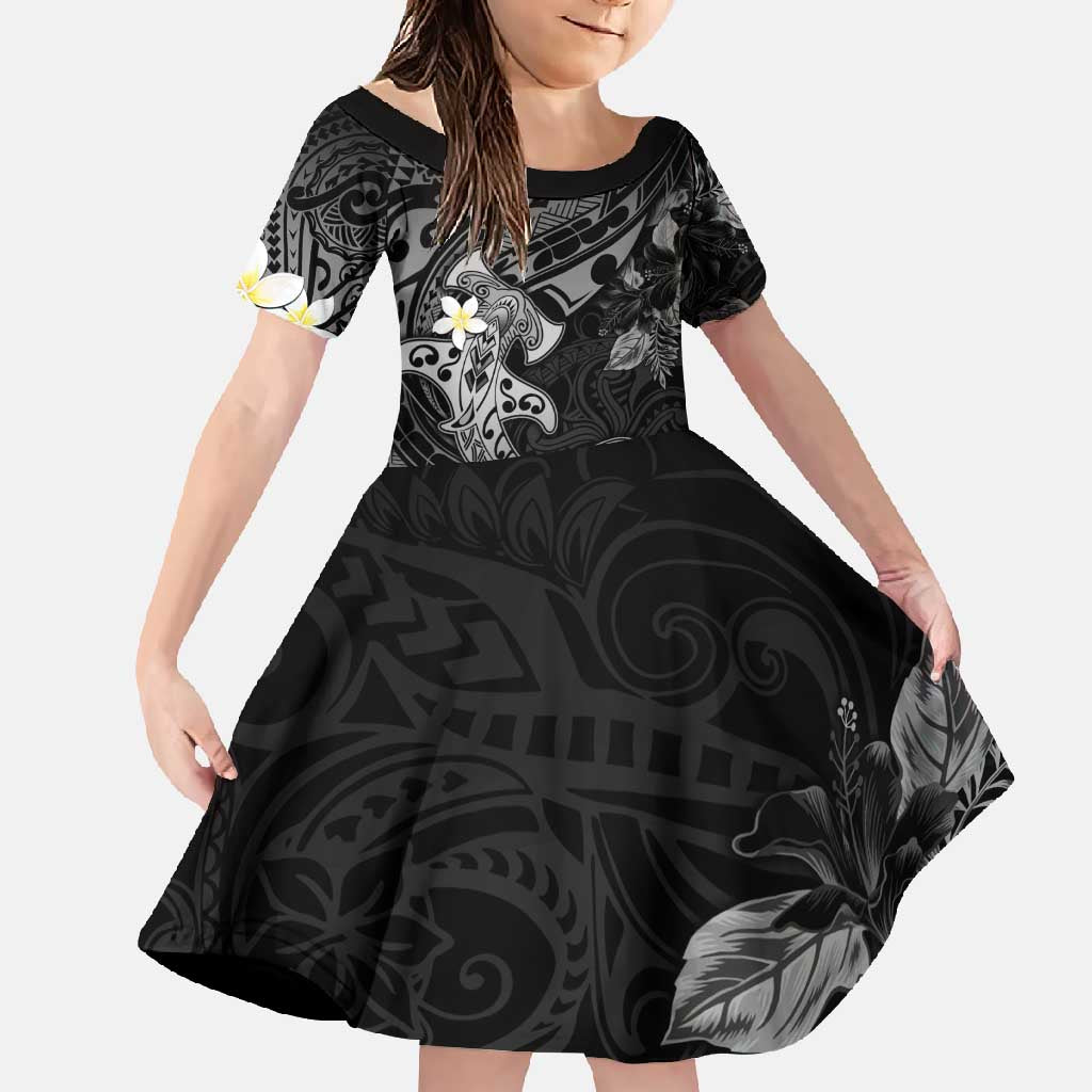 Polynesia Hammerhead Shark Family Matching Mermaid Dress and Hawaiian Shirt Tropical Flowers Tribal Pattern Black LT05 Daughter's Dress Black - Polynesian Pride