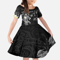 Polynesia Hammerhead Shark Family Matching Off The Shoulder Long Sleeve Dress and Hawaiian Shirt Tropical Flowers Tribal Pattern Black LT05 Daughter's Dress Black - Polynesian Pride