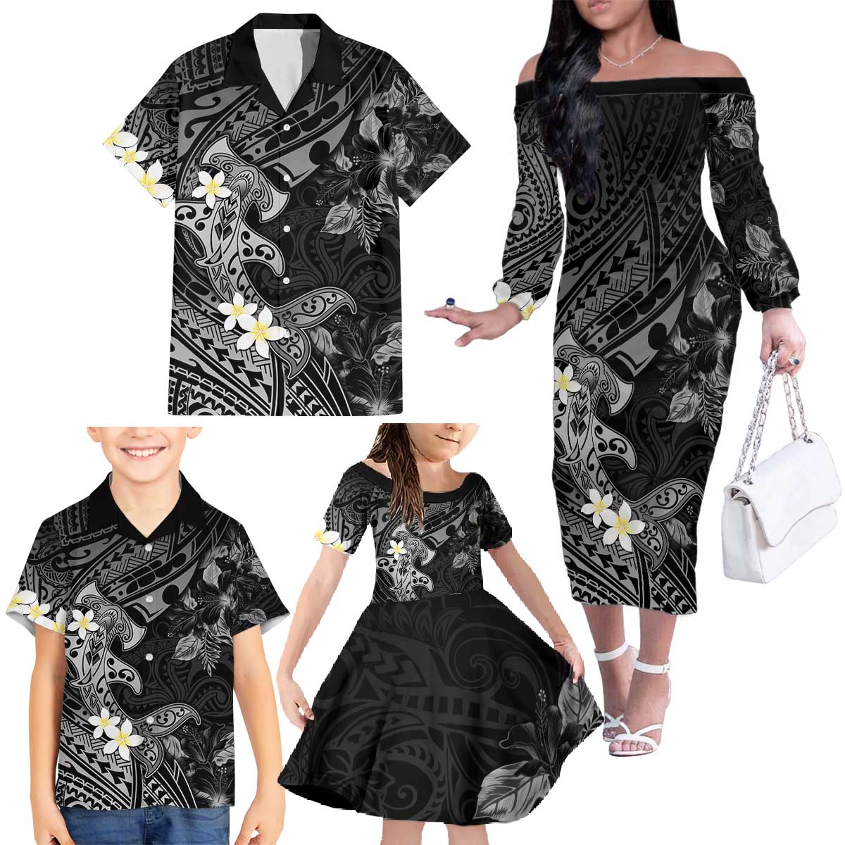 Polynesia Hammerhead Shark Family Matching Off The Shoulder Long Sleeve Dress and Hawaiian Shirt Tropical Flowers Tribal Pattern Black LT05 - Polynesian Pride