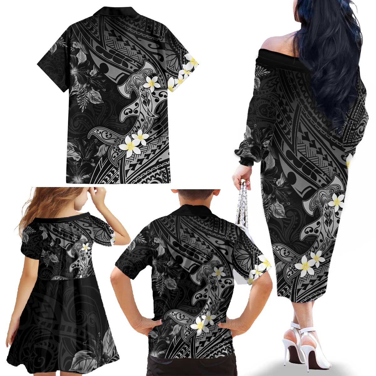 Polynesia Hammerhead Shark Family Matching Off The Shoulder Long Sleeve Dress and Hawaiian Shirt Tropical Flowers Tribal Pattern Black LT05 - Polynesian Pride