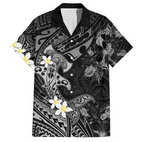 Polynesia Hammerhead Shark Family Matching Off The Shoulder Long Sleeve Dress and Hawaiian Shirt Tropical Flowers Tribal Pattern Black LT05 Dad's Shirt - Short Sleeve Black - Polynesian Pride