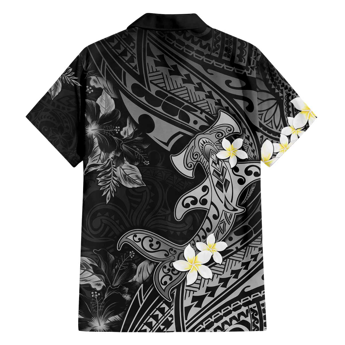 Polynesia Hammerhead Shark Family Matching Off The Shoulder Long Sleeve Dress and Hawaiian Shirt Tropical Flowers Tribal Pattern Black LT05 - Polynesian Pride