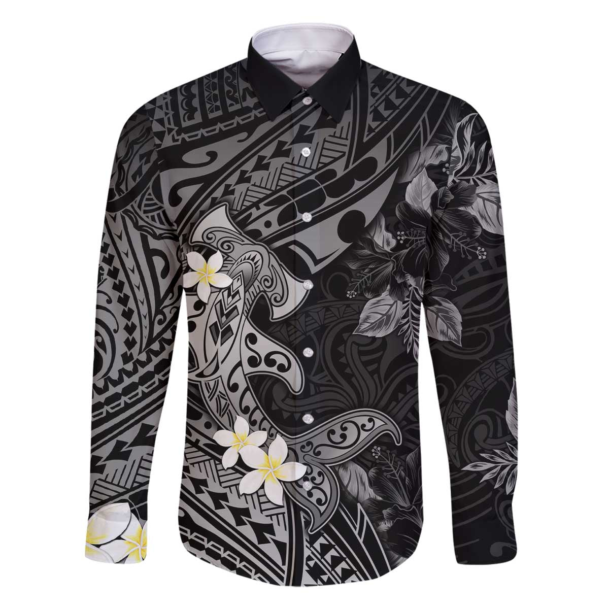 Polynesia Hammerhead Shark Family Matching Off The Shoulder Long Sleeve Dress and Hawaiian Shirt Tropical Flowers Tribal Pattern Black LT05 Dad's Shirt - Long Sleeve Black - Polynesian Pride