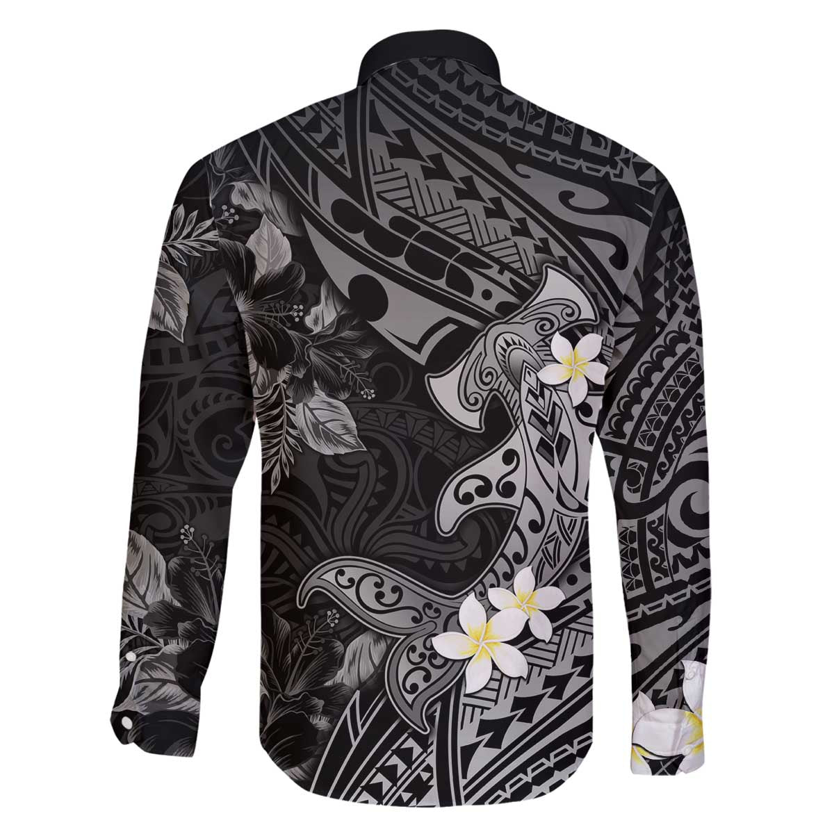 Polynesia Hammerhead Shark Family Matching Off The Shoulder Long Sleeve Dress and Hawaiian Shirt Tropical Flowers Tribal Pattern Black LT05 - Polynesian Pride