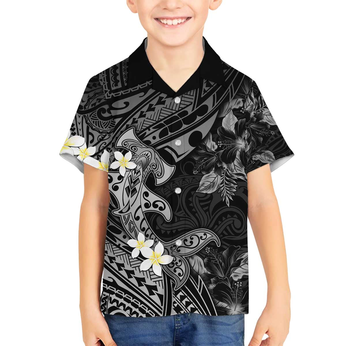 Polynesia Hammerhead Shark Family Matching Off The Shoulder Long Sleeve Dress and Hawaiian Shirt Tropical Flowers Tribal Pattern Black LT05 Son's Shirt Black - Polynesian Pride
