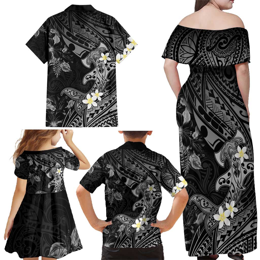 Polynesia Hammerhead Shark Family Matching Off Shoulder Maxi Dress and Hawaiian Shirt Tropical Flowers Tribal Pattern Black LT05 - Polynesian Pride