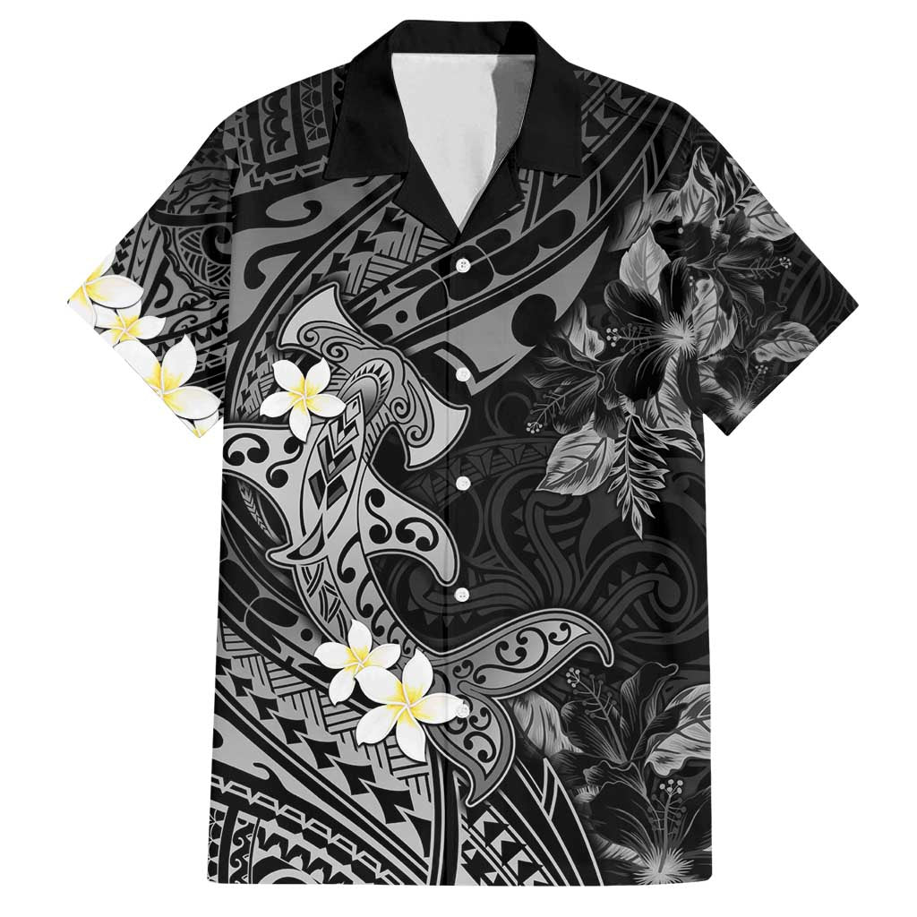 Polynesia Hammerhead Shark Family Matching Off Shoulder Maxi Dress and Hawaiian Shirt Tropical Flowers Tribal Pattern Black LT05 Dad's Shirt - Short Sleeve Black - Polynesian Pride